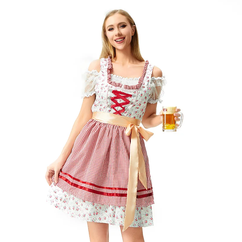 

Women Oktoberfest Munich Festival Party Dress Traditional Bavarian Costume Lace Up Role playing Apron Ruffled Outfit