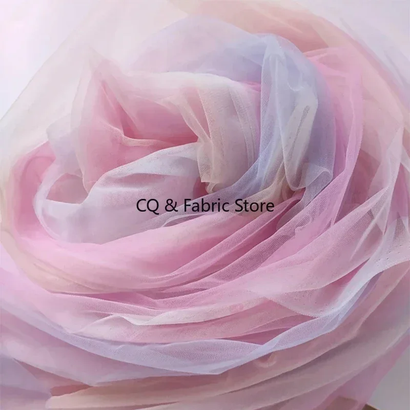 Soft Rainbow Gradient Encrypted Swiss Mesh Colorful Mesh Fabric For Wedding Dress Skirt Designer Handmade DIY Fabric