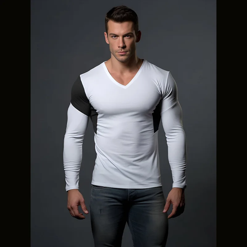 Mens Long Sleeve Athletic Shirts Slim Fit Cotton V Neck T Shirt Men Casual Basic Plain Streetwear Tshirt Male Tee Shirt Homme