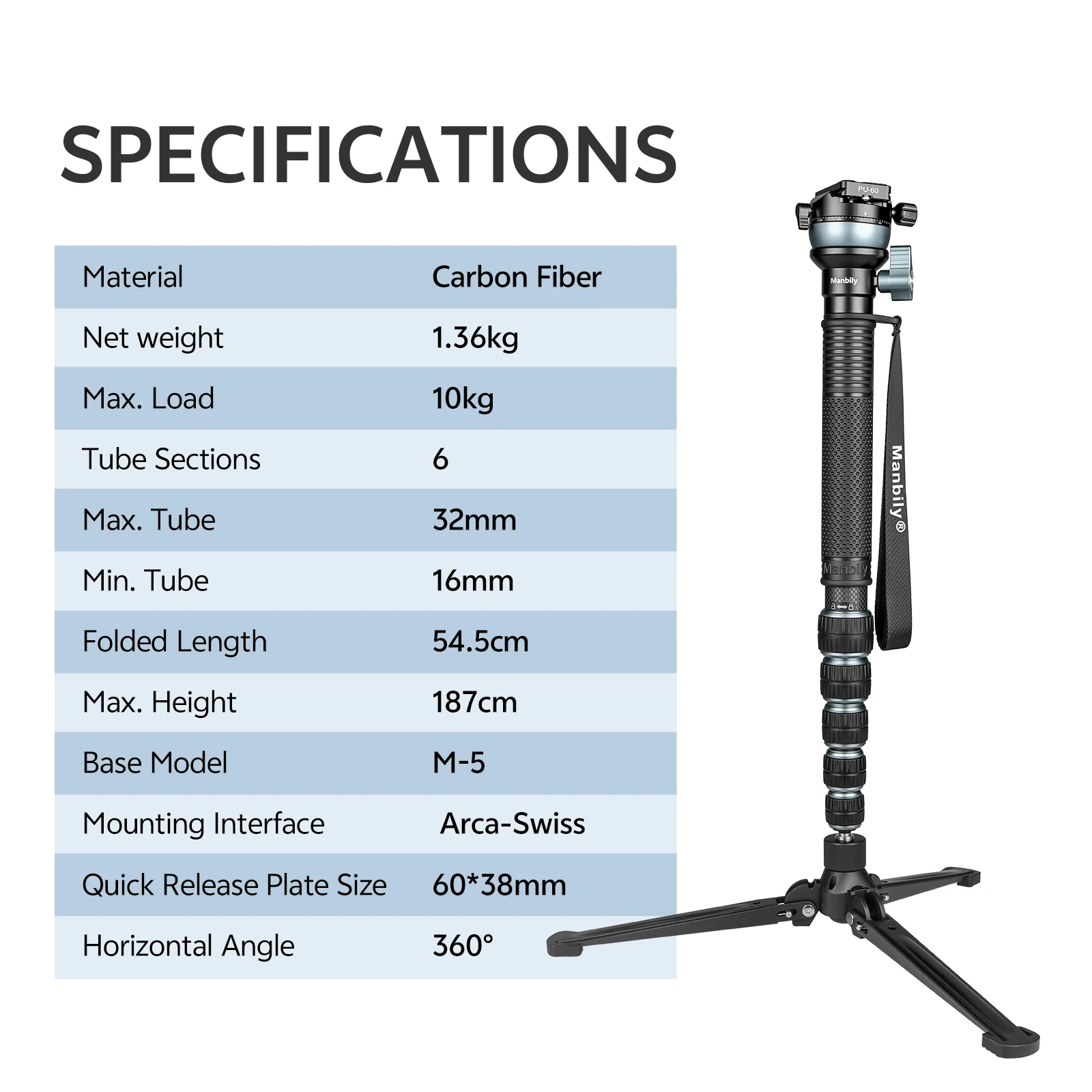 Manbily C-666PRO Carbonfaser-Monopod, 187 cm, professioneller Reise-Monopod mit M-5-Stativ für DSLR-Kameras und Fotografie. – Detail 6