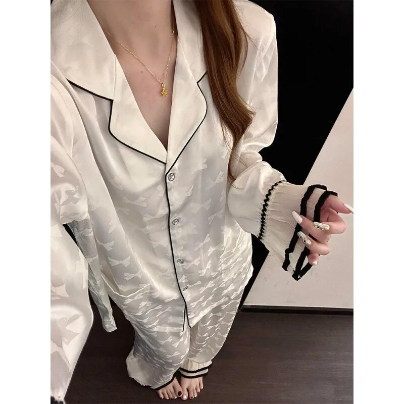 Bow Cool and Skin-friendly Ice Silk Pajamas Women's New Large-size Loungewear Set