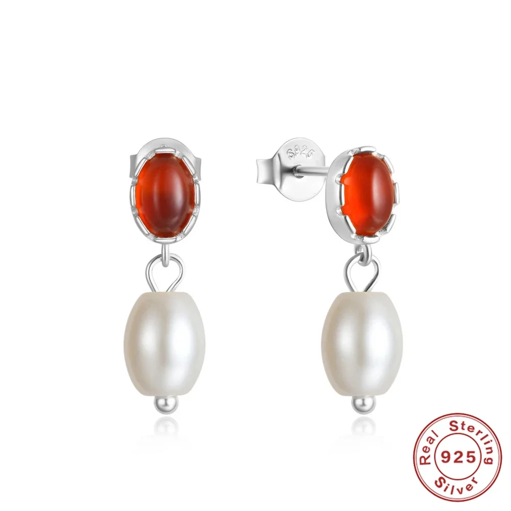 

VAL 925 Sterling Silver Boho Pearl Pendant Stud Earrings For Women Fashion Vintage 18K Gold Color Luxury Ruby Earrings Jewelry