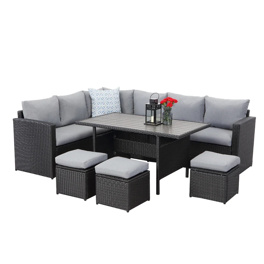 

Patio Furniture Set 7 Piece Outdoor Dining Sectional Sofa Couch with Dining Table and Chair All Weather Deck Wicker