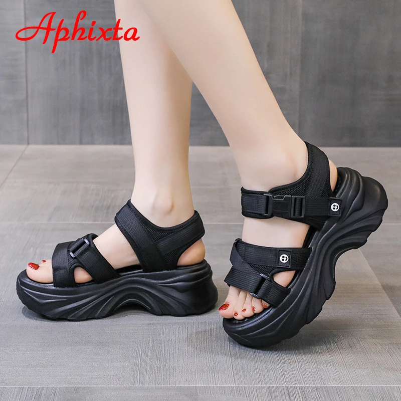 Aphixta 2023 Buckle Height Increaming Canvas 6.5cm Wedge Heel Platfom Sandals Women Shoes Black Thick Bottom Slides