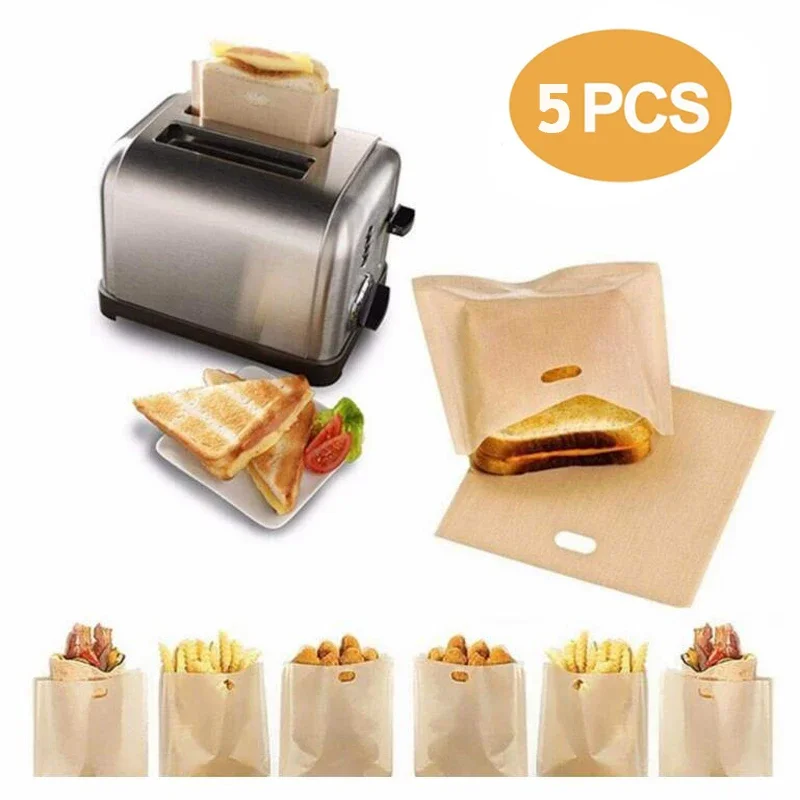 5 Pcs/set Reusable Toaster Bag Sandwich Bags Fiberglass Toast Microwave Heating Non Stick Bread Bag bakery accessories