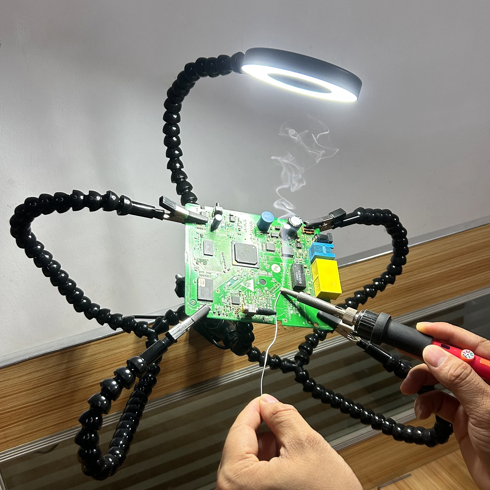 NEWACALOX Helping Hand Soldering Third Hands with 6 Flexible Arms 3X LED Magnifying Glass for Soldering, Assembly, Repair