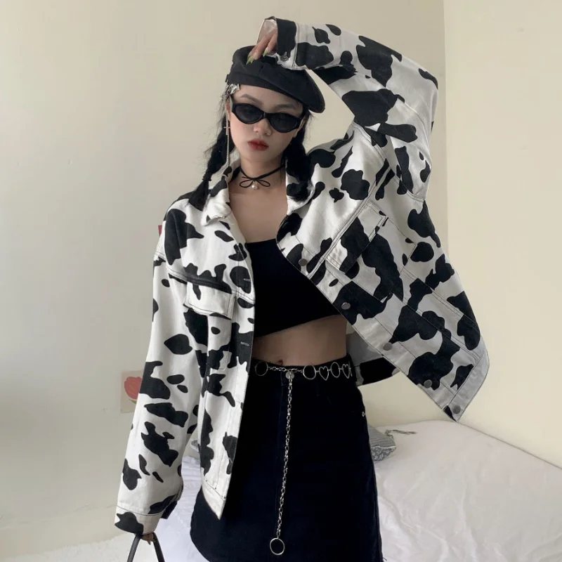 2023 Harajuku Streetwear Cow Print Cropped Female Jacket Casual Buttons Coat Women Cardigan Spring Autumn Jackets Outwear New