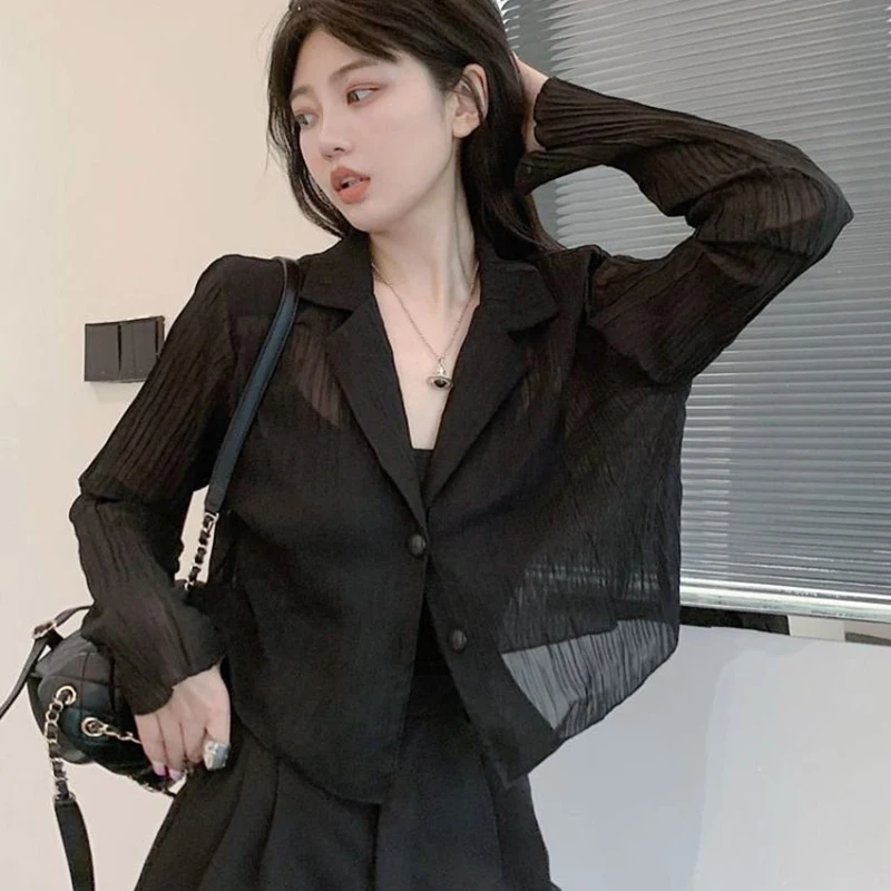 Gidyq Y2K Women Black Sun Protection Shirts Summer Fashion Streetwear Buttons Long Sleeve Tops Korean Casual Female Loose Blouse