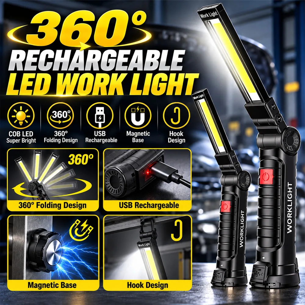 COB LED Inspection Light 360 Degree Rotatable Work Lamp Magnetic Base USB Rechargeable Foldable Flashlight for Auto Repair Works