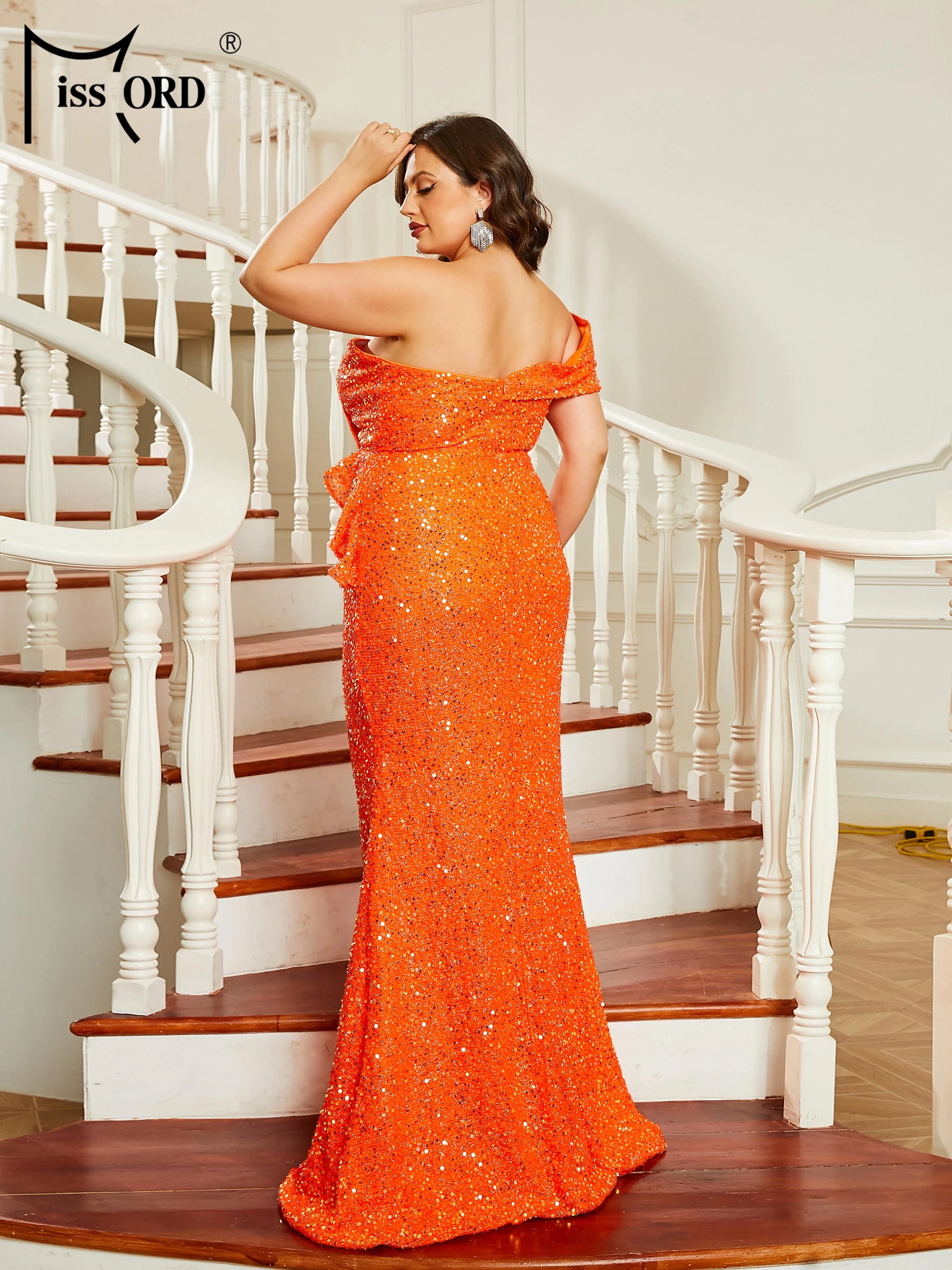 Missord Orange Sequin Plus Size Prom Dress Elegant Women One Shoulder Sleeveless Ruffles Bodycon Part Prom Dresses Long Gown