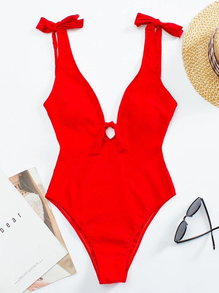 Black Tie Shoulder Swimsuit Women Vintage One-piece Halter Bathing Suits Sexy Knotted Swimwear Summer Beachwear Maillot De Bain