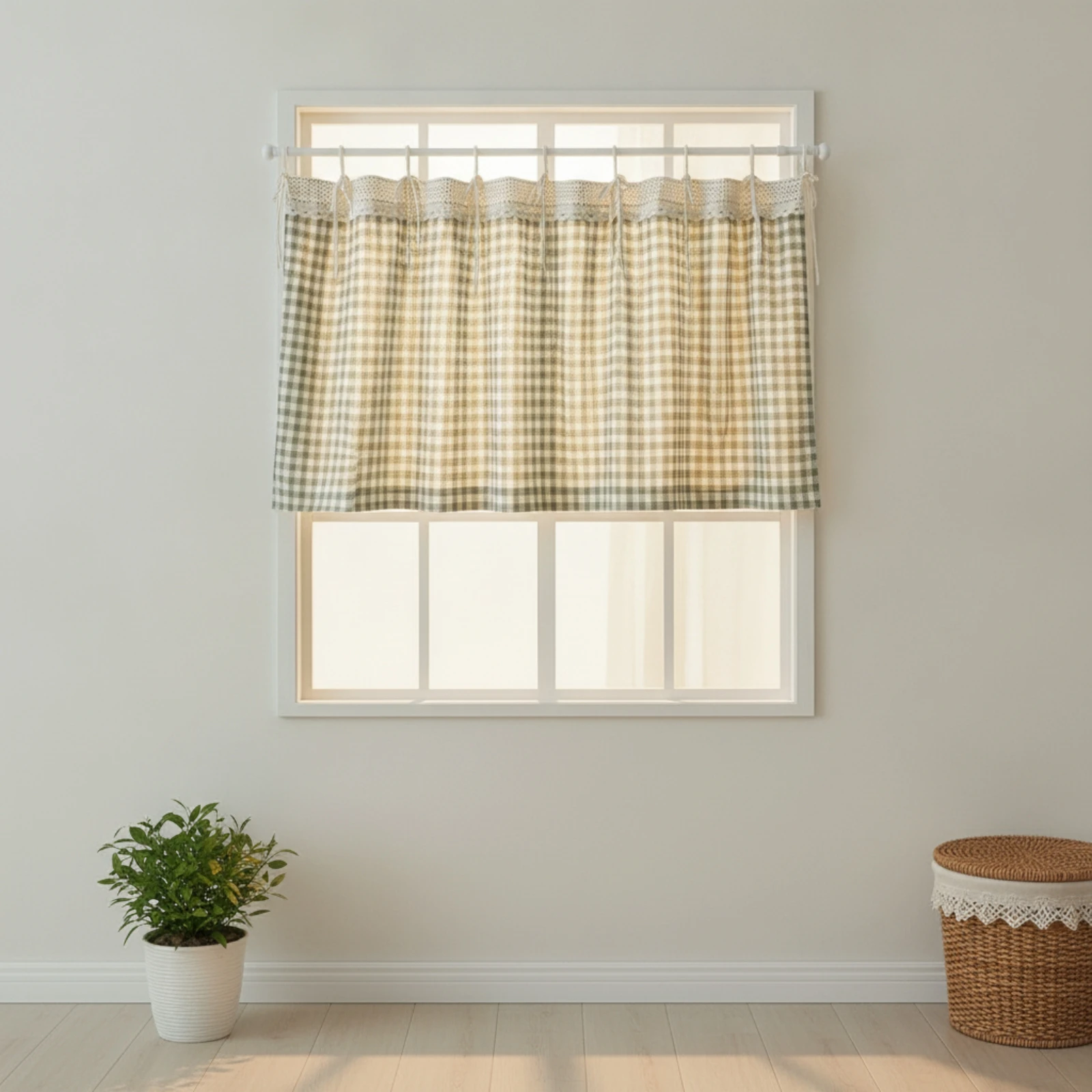 Gingham Curtain Checkered Tie Top Curtain Gingham Curtains Checked Drapes Lightweight for Cabinet, Doorway