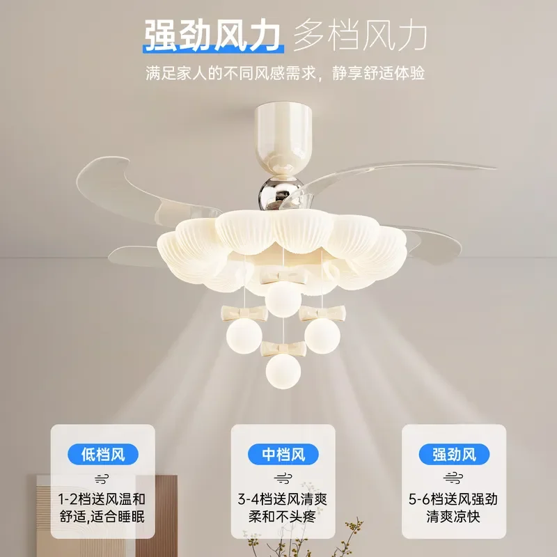French Antique Silent Ceiling Fan Light with Frequency Conversion Integrated Design for Bedroom Children's Room and