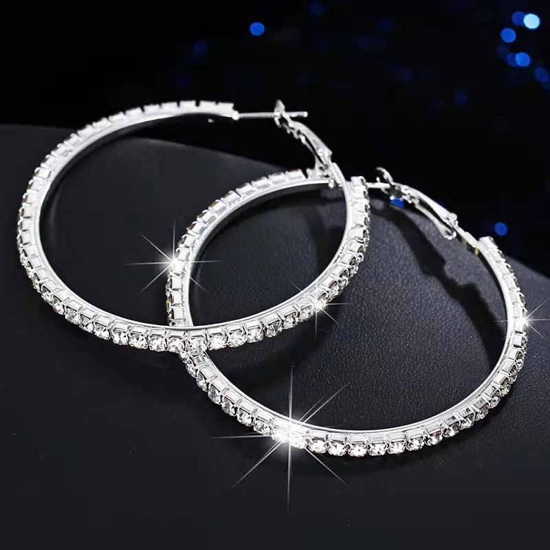 Mode 30-80mm Hoop Ohrringe Für Frauen Mädchen Kristall Strass Ohrringe Gold Silber Farbe Runde Ohrringe Partei schmuck Geschenk – Detail 10