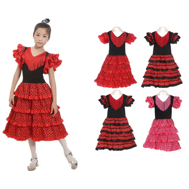 Traditional Spanish Flamenco Dance Dress For Girls Baby Classic Flamengo Gypsy Style Skirt Bullfight Festival Ballroom Red MN3