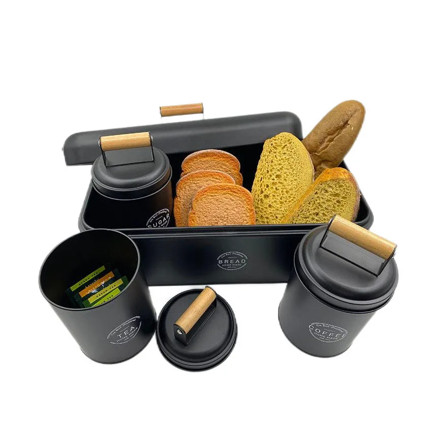 Bread Box with 3 Matching Coffee Tea Sugar Canisters for Storing Loaves, Pastries, Muffins, Dry Food Use in Kitchen Counter 2