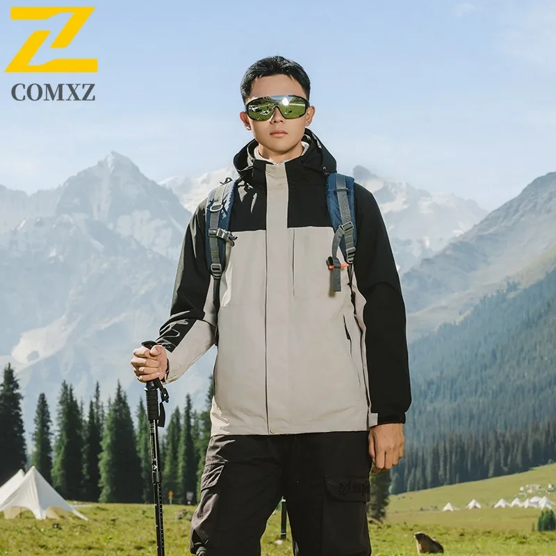 

COMXZ Windbreaker Jacket 3-In-1 Detachable Windproof Hiking Camping Fleece Coat Climbing Waterproof Breathable Men's Outerwear