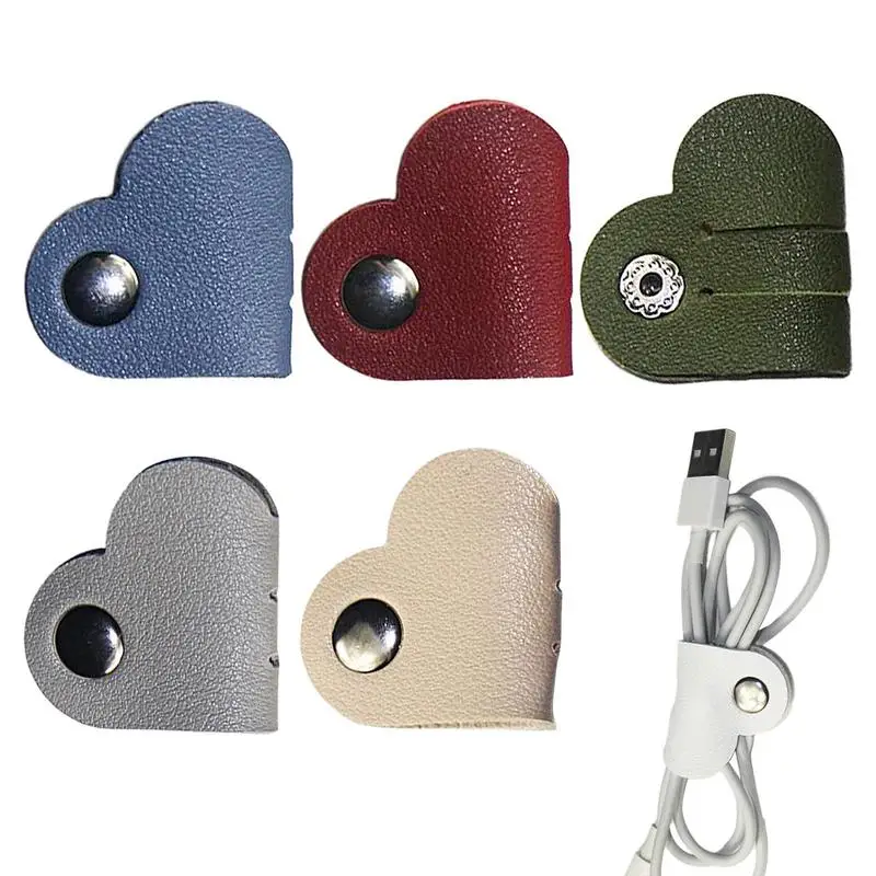 Leather Cable Straps With Snap PU Leather Cable Ties Heart-shape Cable Organizers Cable Management Cable Ties Earbud Holder