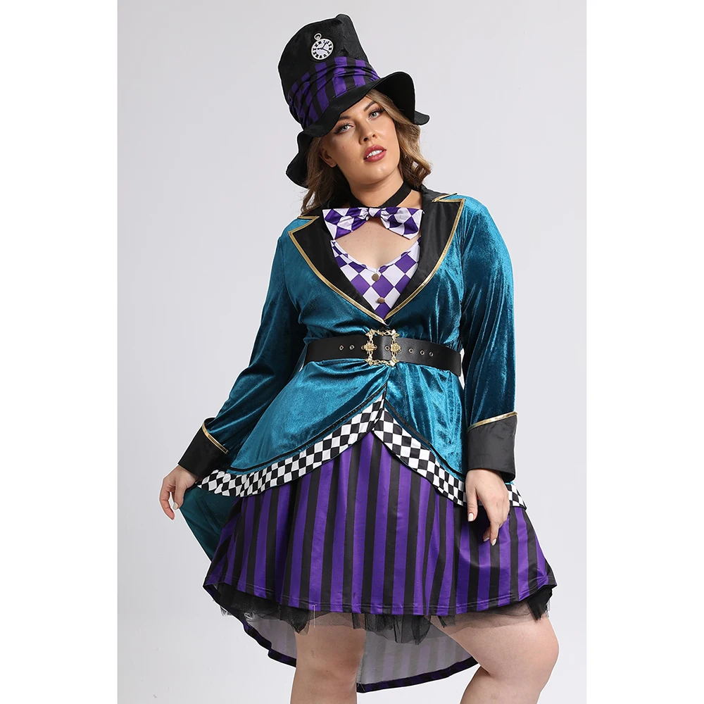 Plus Size Halloween Stripe Print Mad Hatter Hat Bow Tie Mini Dress