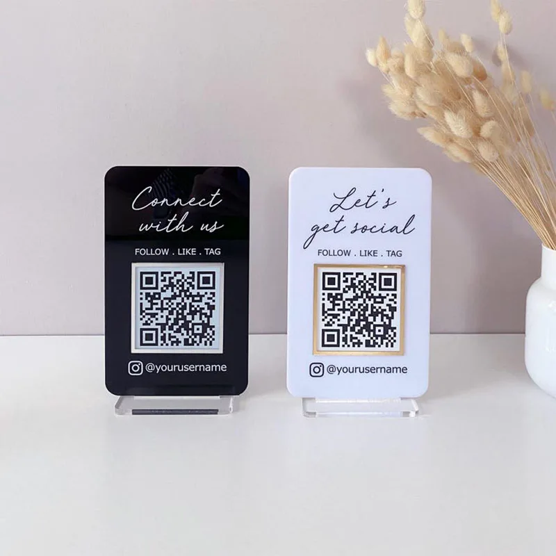 علامة أكريليك لرمز الاستجابة السريعة للوسائط الاجتماعية قابلة للتخصيص للشركات الصغيرة، تصميم عصري مثالي لإنستغرام فيسبوك مع الحد الأدنى