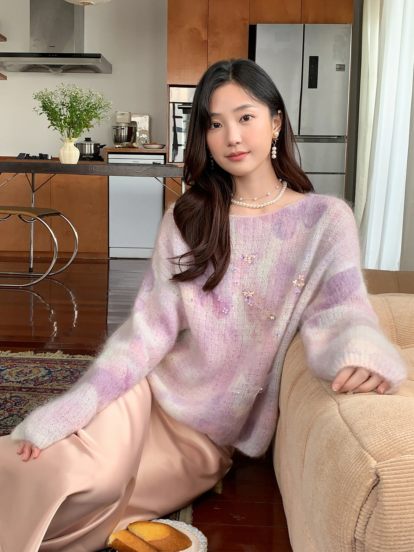 

Romantic Purple Embellied Camere Sweater Women's One oulder Heavy Embroidery Autumn New Sle Faion Ladies