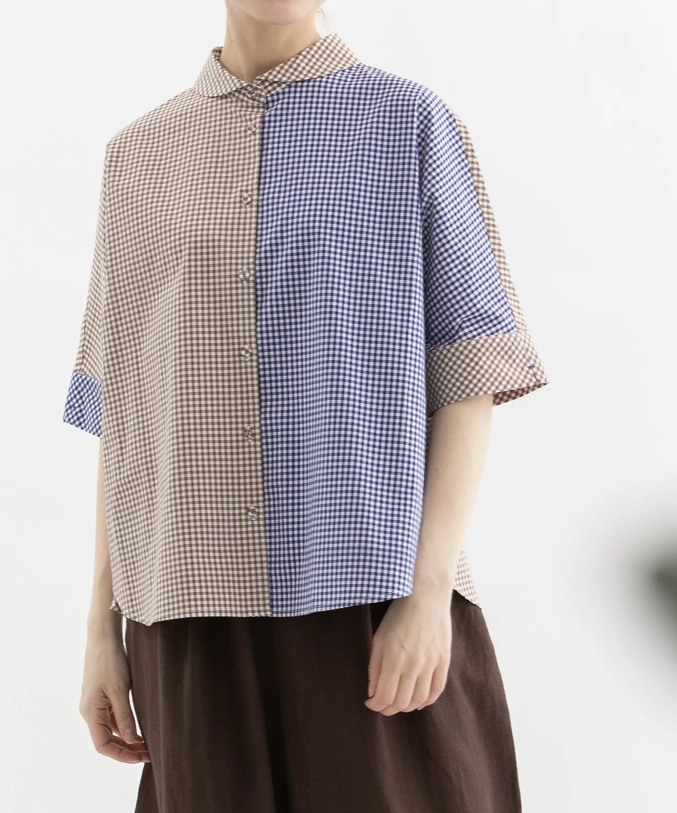 

Japanese Style Loose Fit Women's Shirt Short Sleeve Neck Pure Cotton Breathable Summer Fashion Plaid Pattern Casual Top