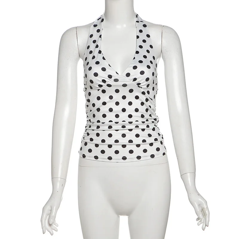 Damen-Top mit V-Ausschnitt, offenem Rücken, Schnürung, Polka-Dot-Muster, figurbetont, Tank-Top-Stil, Y2K-Sommermode, Alltags-Streetwear, Basic-Oberteil. – Detail 19