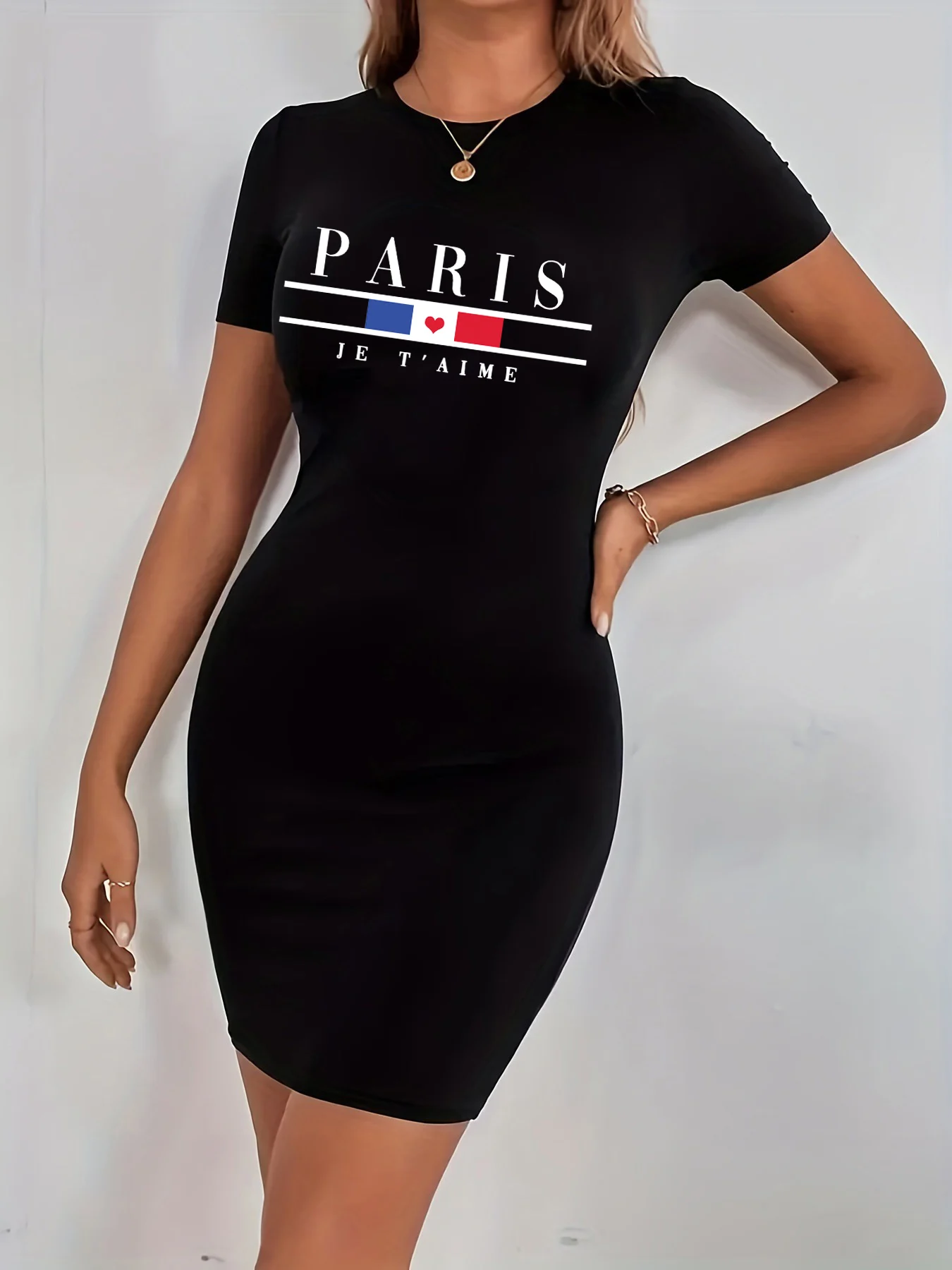 Summer Women's PARIS Print Casual Slim Fit Short Sleeve Round Neck T-shirt Mini Dress