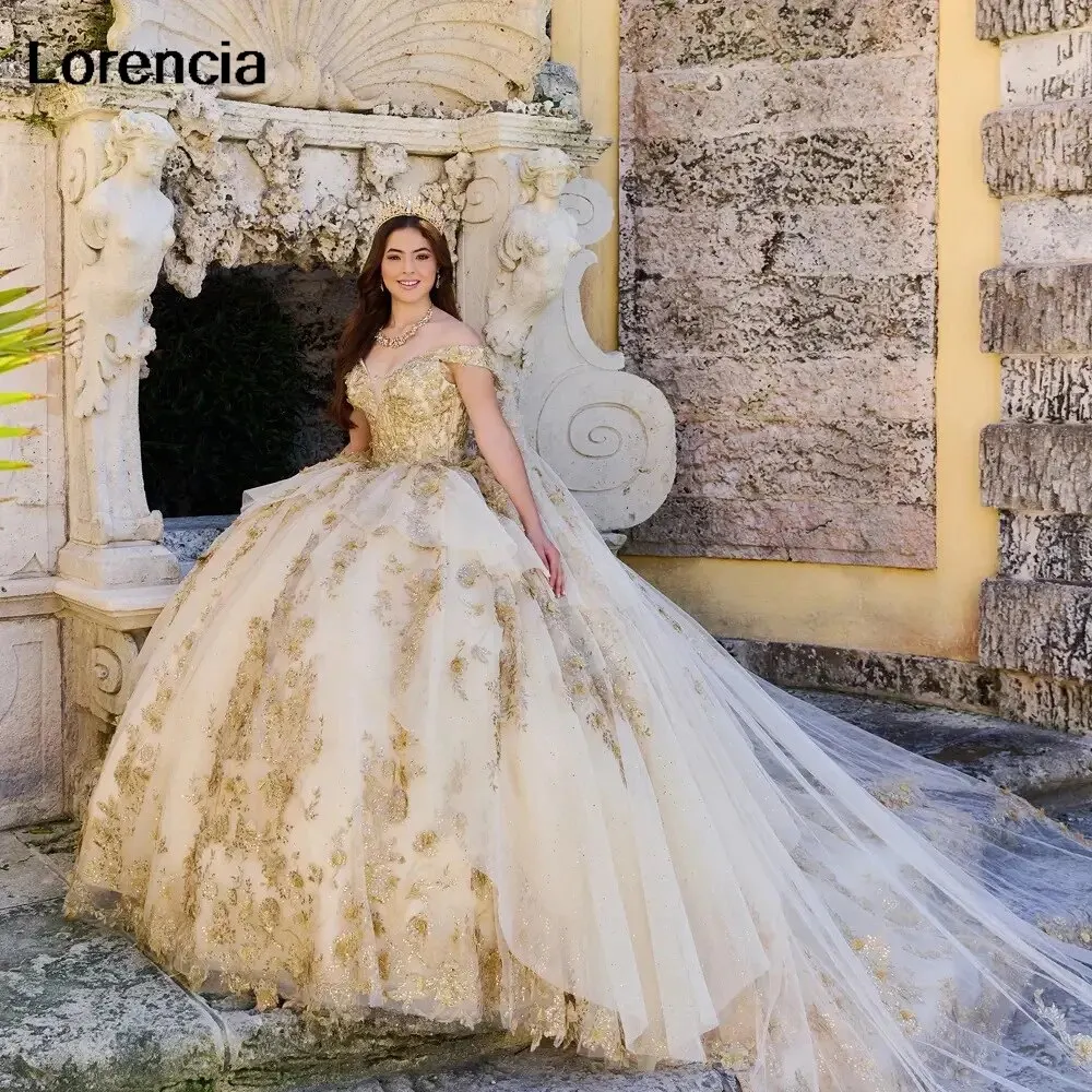 

Lorencia Champagne Quinceanera Dress 2024 Gold Lace Applique Beading With Cape Ball Gown Sweet 16 Vestidos De 15 Años YQD773