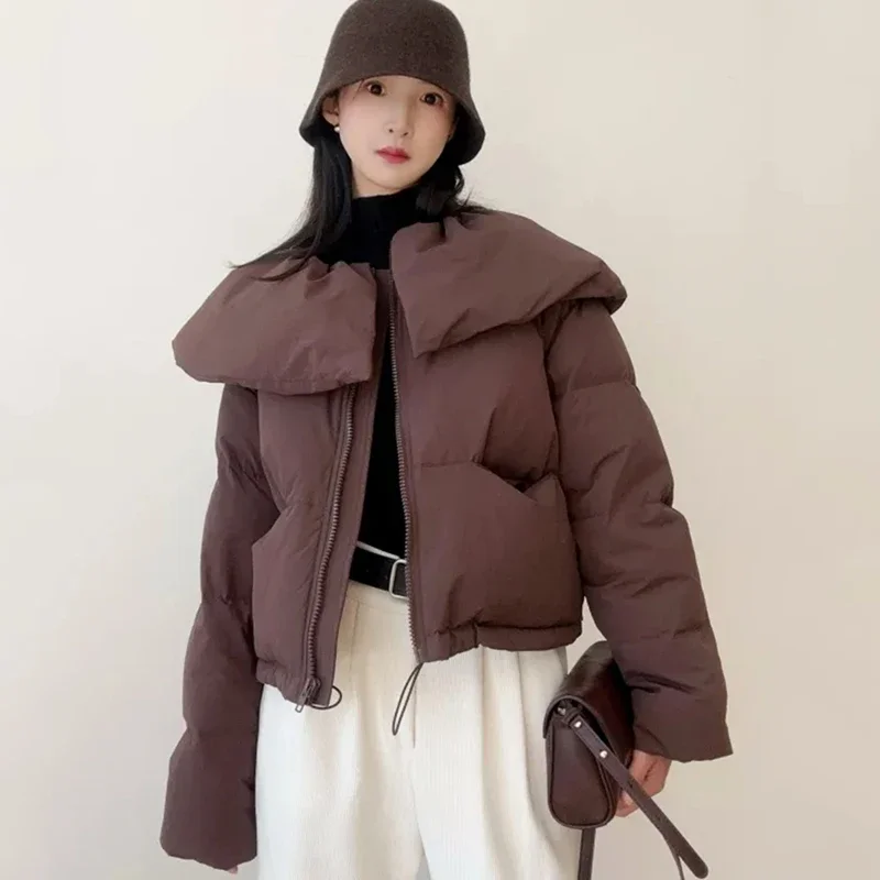 Piumino invernale da donna con cerniera risvolto con coulisse corto caldo casual manica lunga cappotto da donna allentato giacca antivento imbottita in cotone