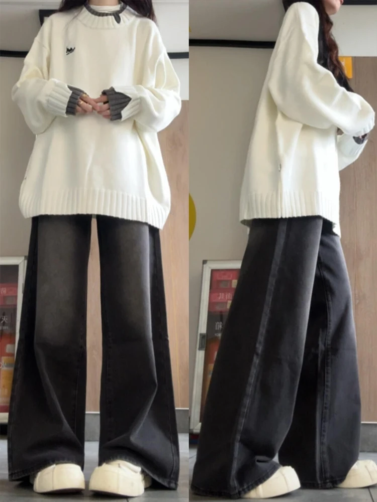 

American High Street High Waist Wide Leg Denim Jeans Women's Spring Autumn Small Size Lazy Loose Retro Straight Casual Pants