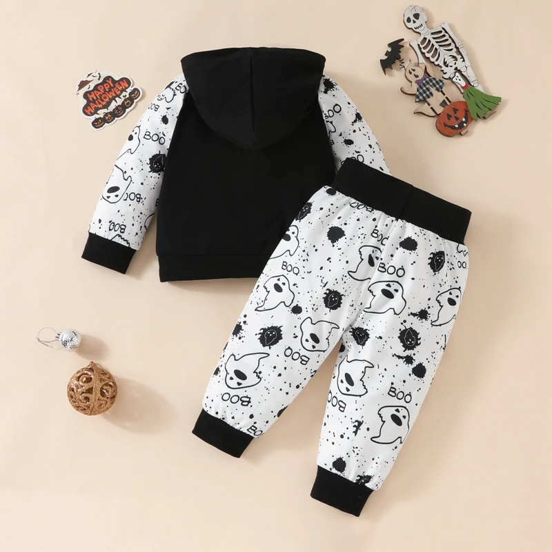 2020-05-27 Liora itiin Baby Halloween Outfit Ghost Print Langarm Kapuzen pullover mit elastischer Taille Hose 2 Stück Set