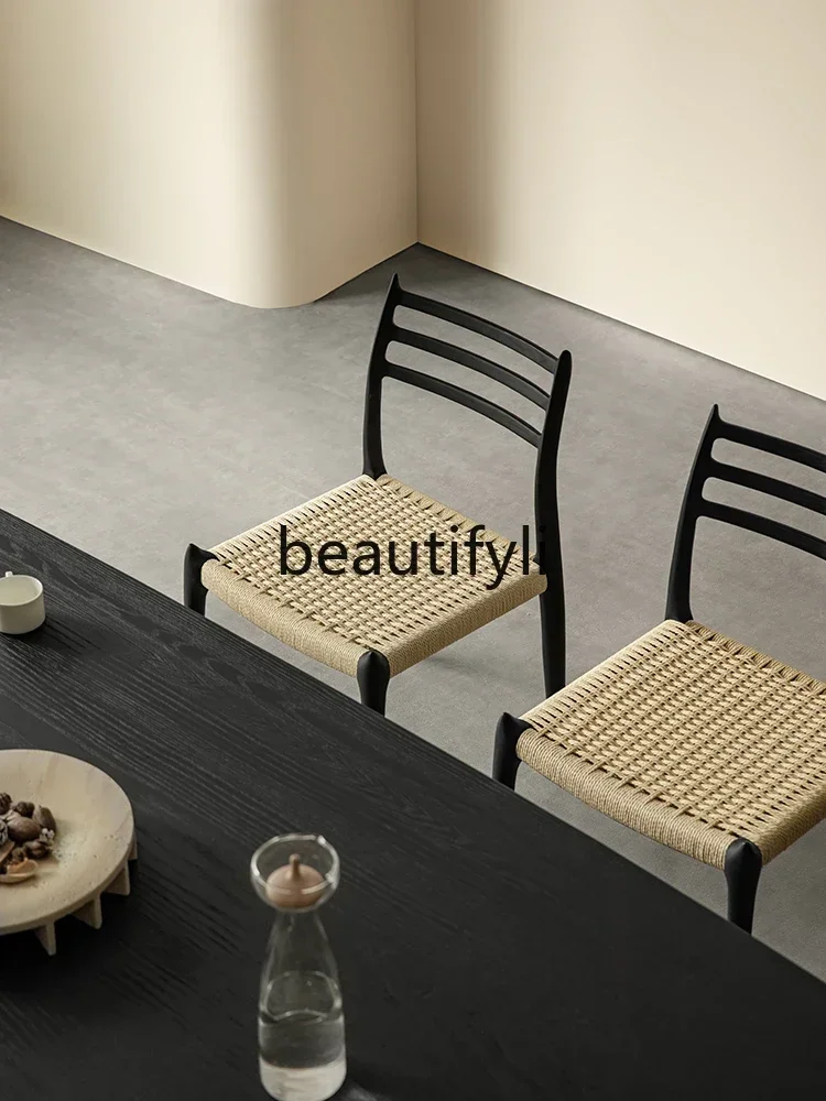 ss CRope Dining Chair Black Solid Wood Wabi Wind Chair Simple Designer Ash Wood Backrest Book Chair