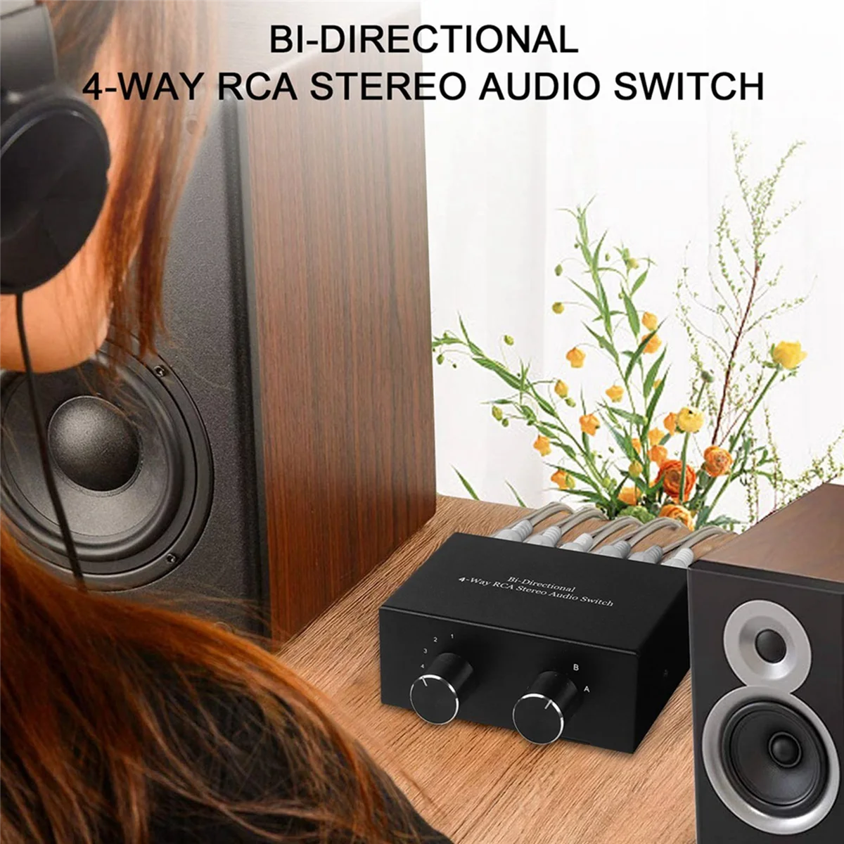 AU47-Bi-Directional 4-Way RCA Stereo Audio Switch L/R Sound Channel Audio Switcher,2 in 4 Out or 4 in 2 Out Audio Splitter