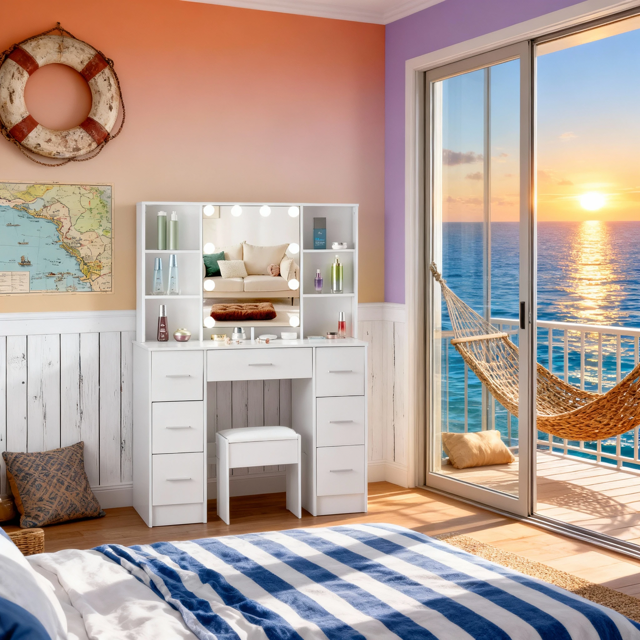 طاولة مكياج خشبية بيضاء مع مرآة LED و7 أدراج