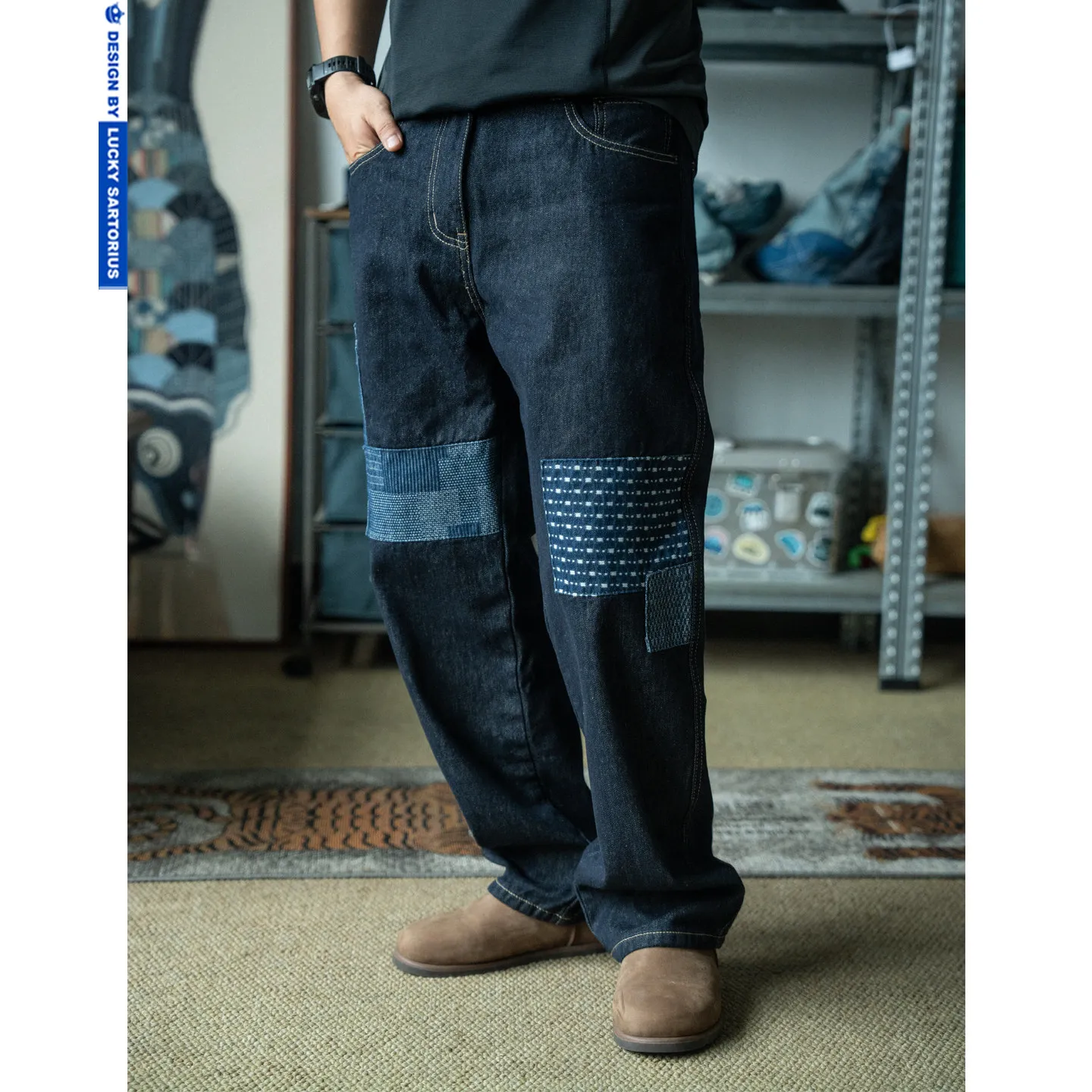 Vintage Boro Patchwork Jeans for Men Loose Straight Washed Denim Blue Work Pants with YKK Zipper Retro Spliced Denim Trousers