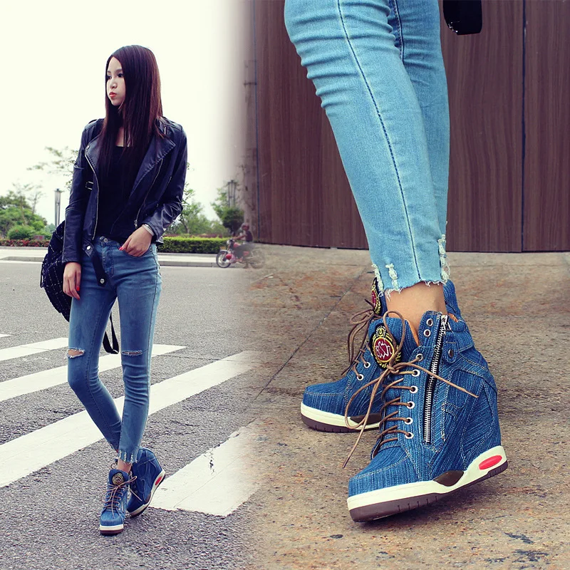 Big Size Women\'s Denim Wedges Sneakers Autumn Platform Casual Fashion Ladies Side Zipper Vulcanized Shoe Thick Bottom High Heel