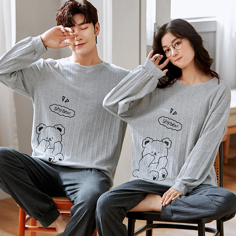 

Newest Couple Pajamas Set Spring And Autumn Knited Cotton Pyjamas Cute Cartoon Long Sleeve Sleepwear Loose Homewear