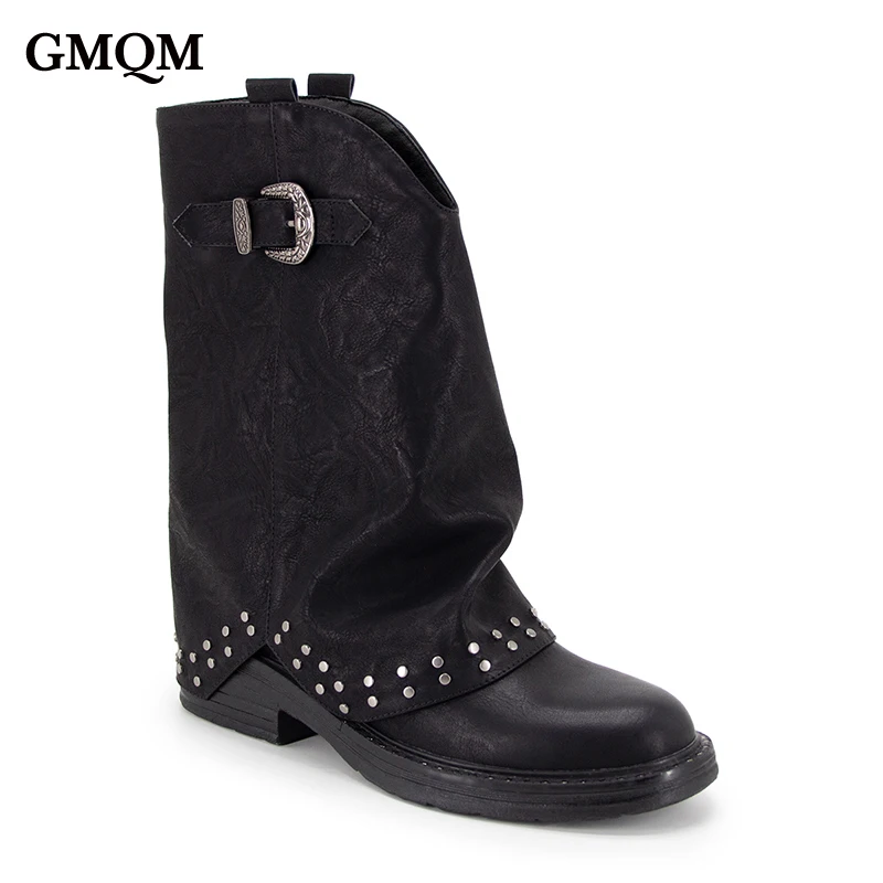 GMQM 2025 Brand Women's Ankle Boot Low Chunky Heel Side Zipper Round Toe Rivets Decor Riding Boots For Party Date Festival Shoes