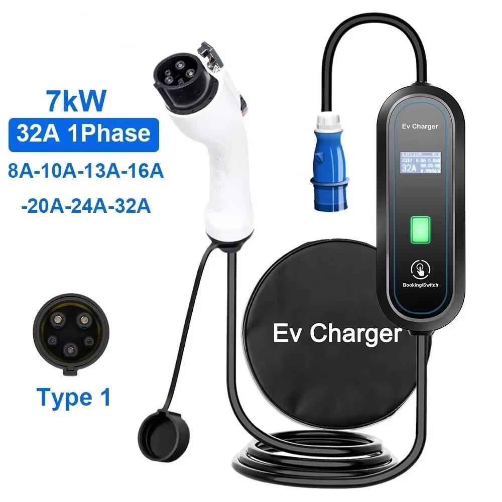 

Портативное электрическое зарядное устройство для электромобилей Type2 32A 7KW EVSE с регулируемым током Type1 Wallbox Быстрая зарядка GBT Шнур Зарядная станция