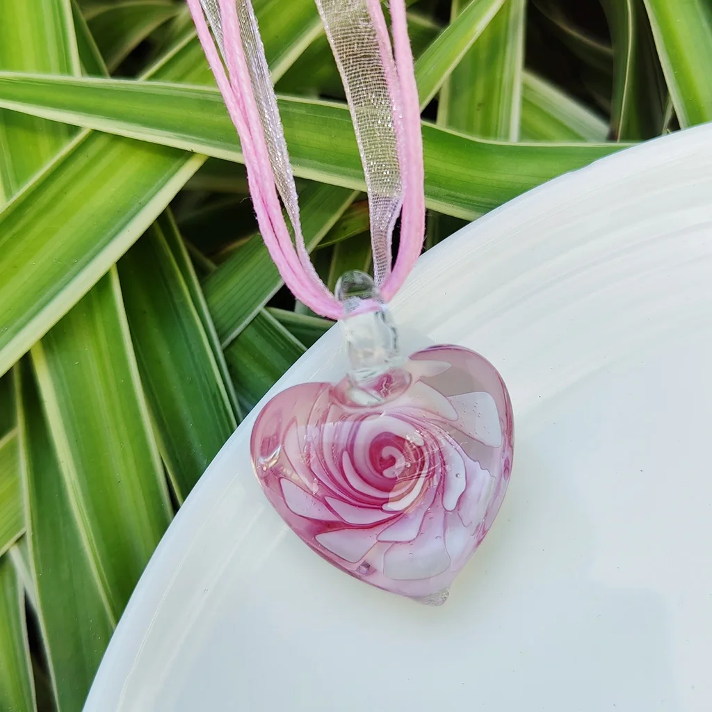 5Set Fashion Pink Flower Glass Murano Crystal Heart Pendant Necklace Women Floral Love Shape Lampwork Cheap Item Jewelry Gift