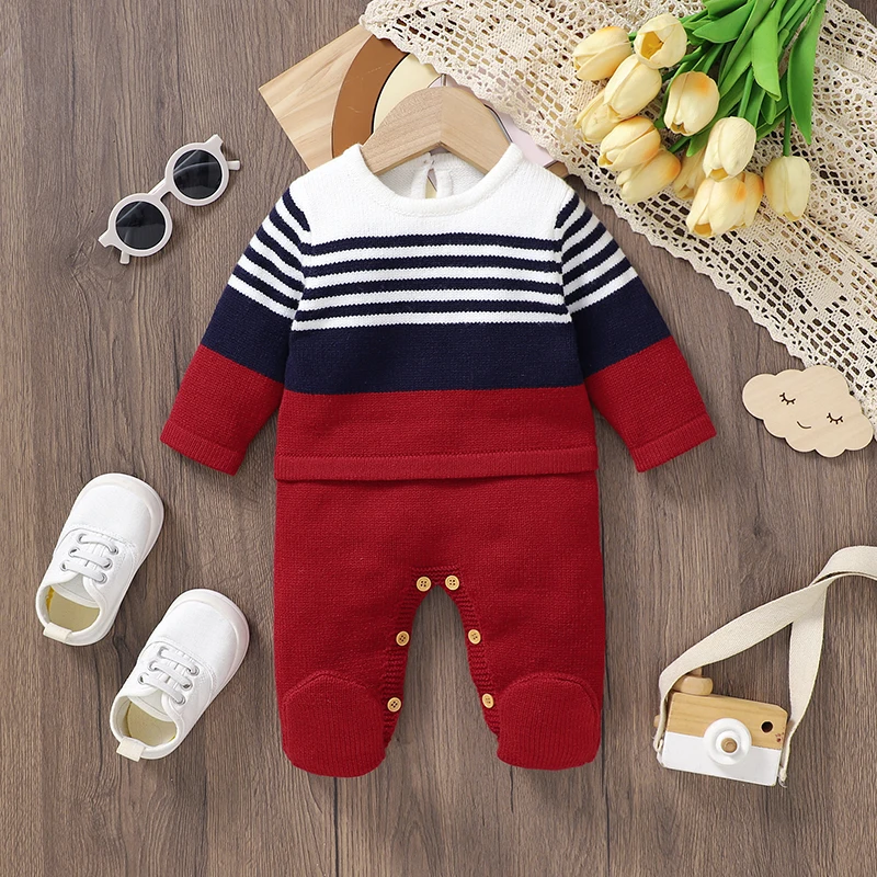 

Newborn Baby Rompers Knitted Toddler Kid Clothing Fashion Striped 0-9M Foot Wrapping Infant Girl Boy Jumpsuit Long Sleeve Autumn