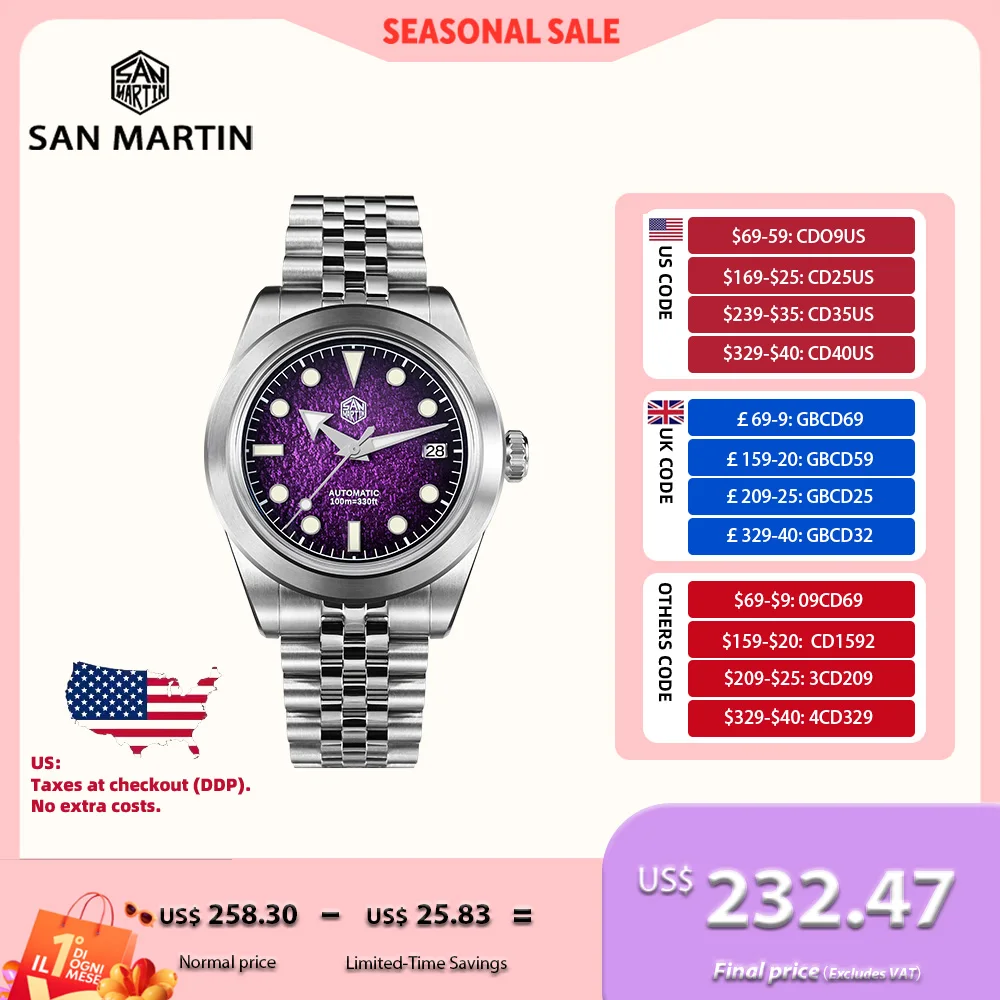 

San Martin 39mm Gradient Color Oil Pressured Textures Dial NH35 Automatic Watches Men 3H Date BGW-X1 10Bar Reloj SN0053-1