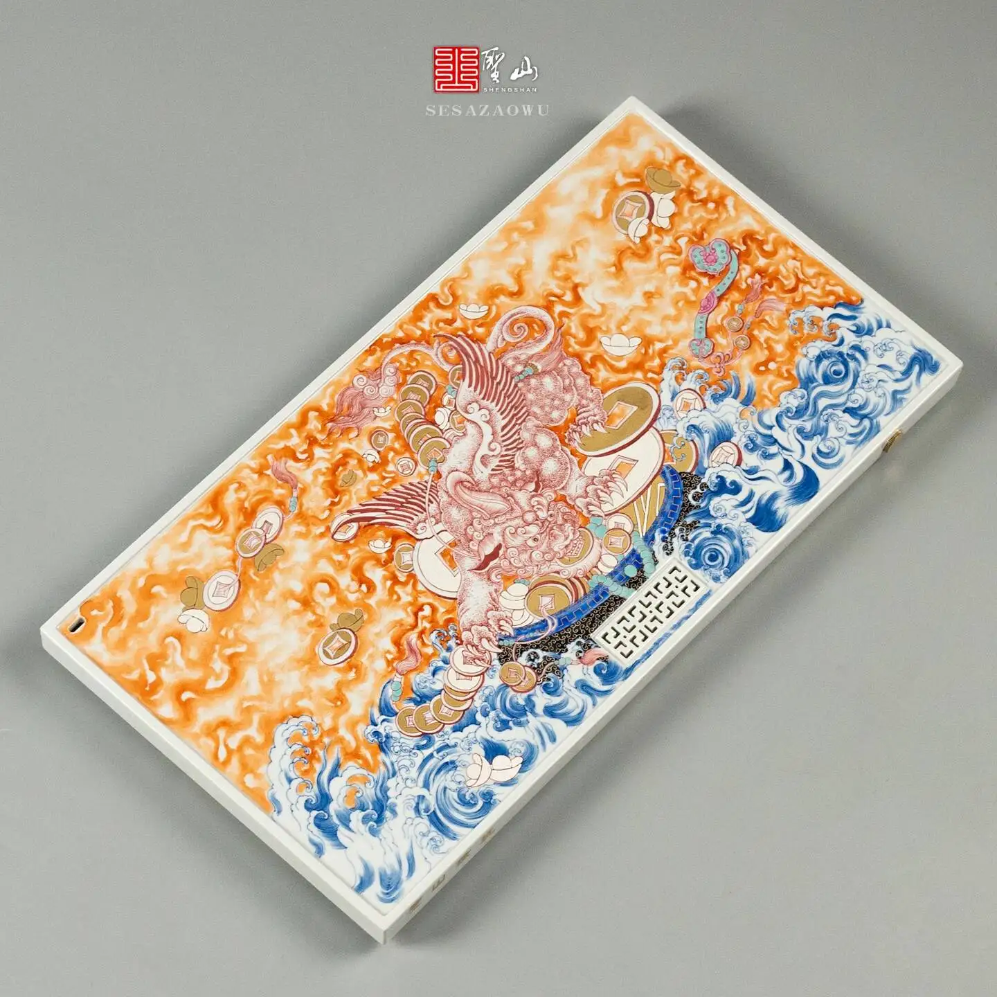 Sacred Mountain Blue And White Alum Red Hand-Painted Underglaze Pixiu Offering Treasure Ceramic Jingdezhen Handmade Set Tea Tray