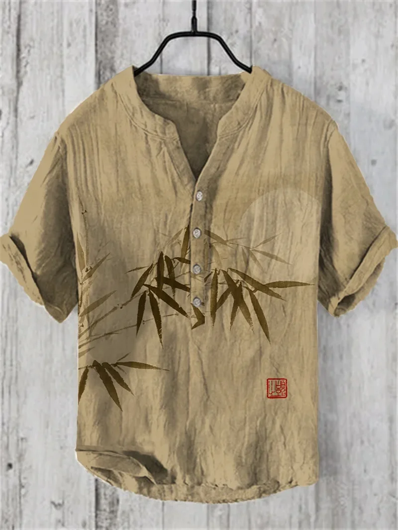 

Men's linen shirt with vintage Hawaiian art print, loose casual short-sleeved shirt with 3D digital printing, wave series