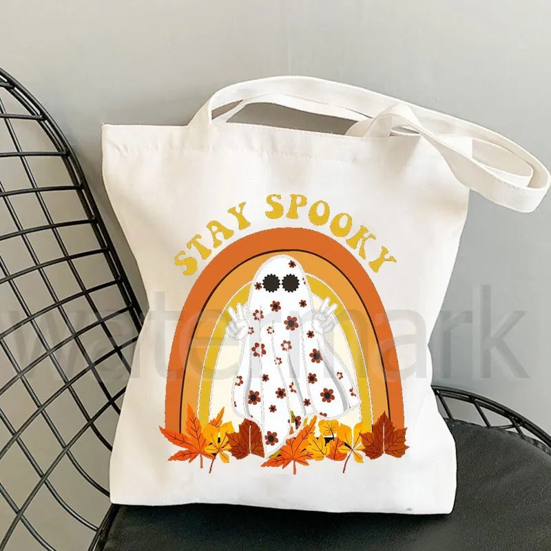 Stay Spooky Canvas Tote Bag Halloween Retro Funny Shopping Bag Halloween Party Gift ShopperHigh Capacity Canvas Shoulder Bags