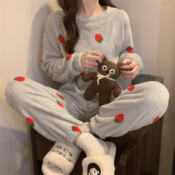 Pajamas Winter Women's Padded Thickened Loose Large Size Drawstring Feet Coral Fleece Leisure Home Suit Warm Pajamas Set