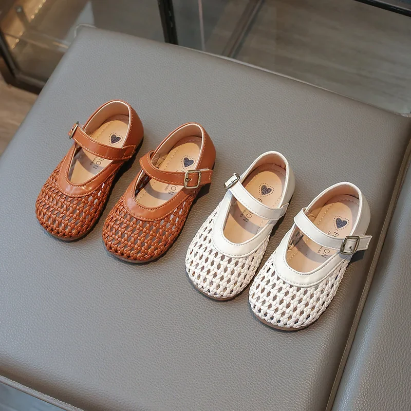 Korean Style Girls Sandals Princess Shoes Summer New Children Hollow Woven Sandals Shallow Mouth Girl Baby Soft Soled Bean Shoes