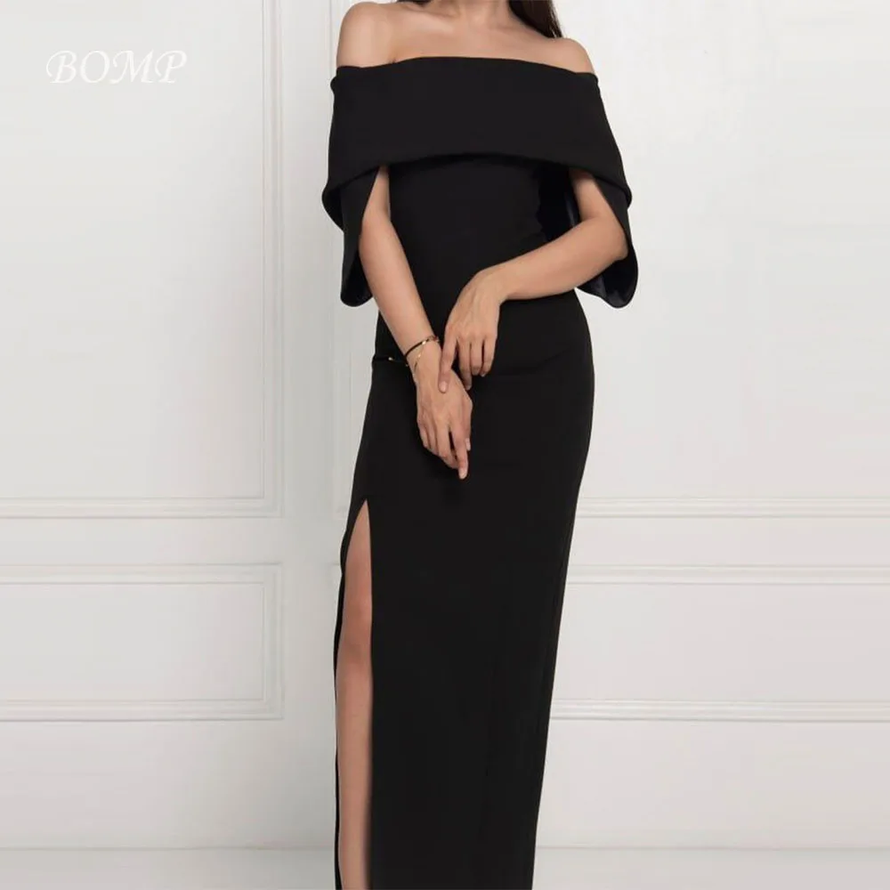 

BOMP Elegant Black Wedding Party Dress Off Shoulder Floor Length Elastic Satin Saudi Arabic Woman Evening Gown Customized2025
