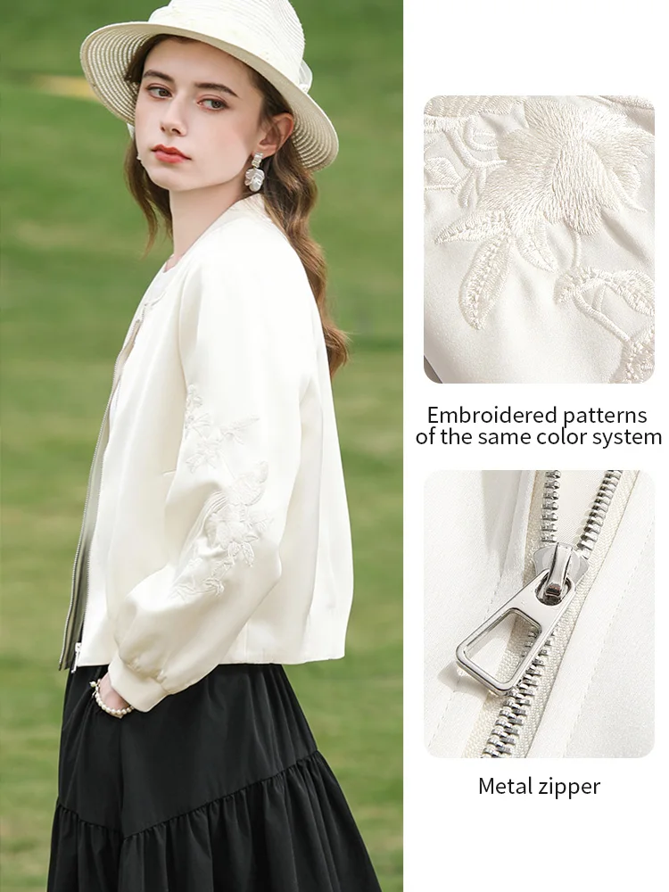 I BELIEVE YOU Women's Light Apricot Baseball Jacket 2026 Spring Zip Up Floral Embroidered Casual Loose Short Coat 2261186331